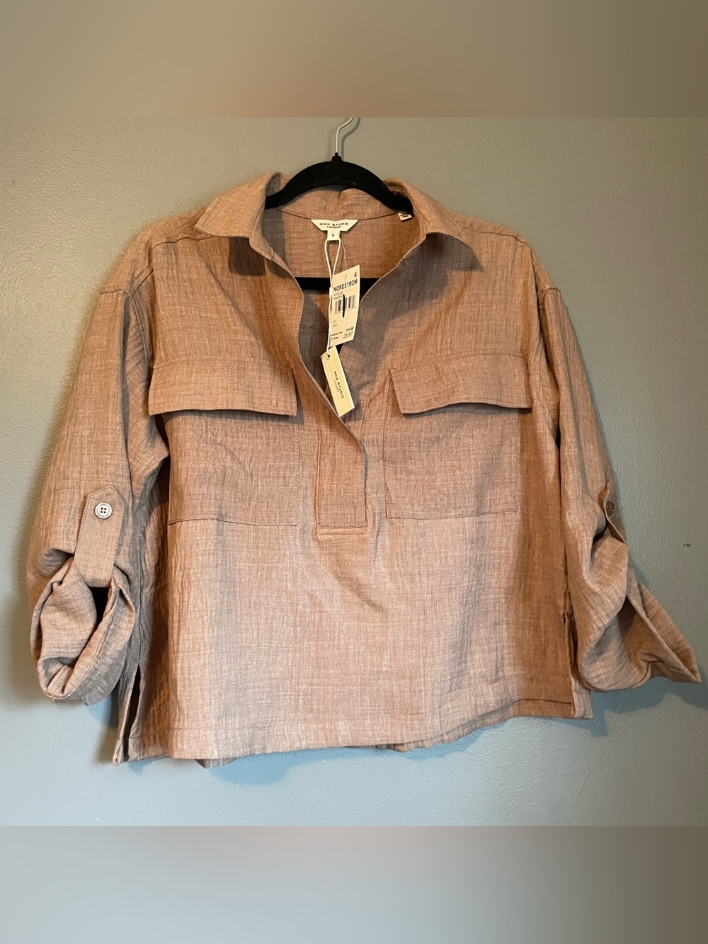 NWT Max Studio London Sz Small Brown Mushroom Collared Blouse Top Shirt Ret $118